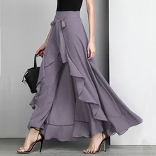 Women Chiffon Palazzo Pants Tie-Waist Solid Ruffle Hem Cargo Pants Skirts Summer Elegant Loose Irregular Wide Leg Long Trousers