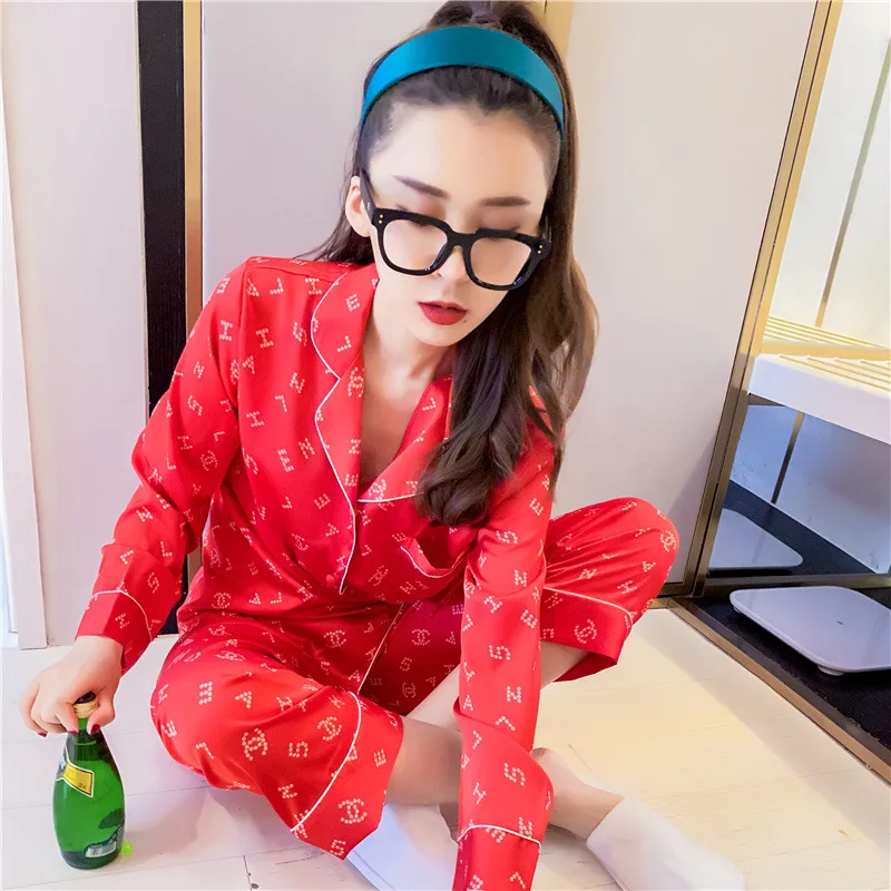 

Spring And Summer Silk Printing Long Sleeves Home Service Suit Women's Snow Silk Red Pajamas At Home