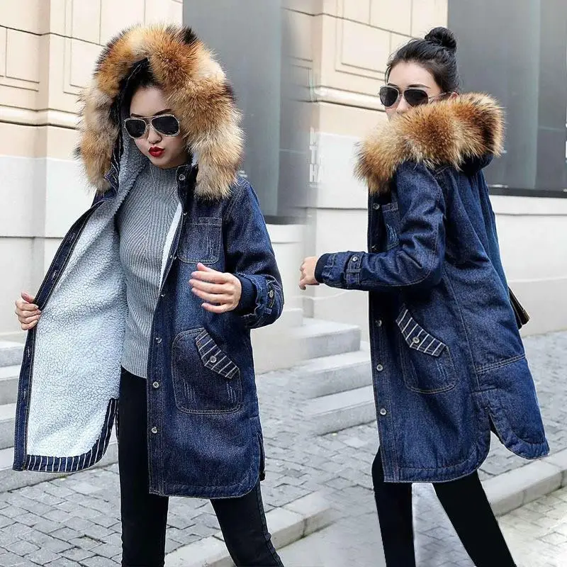 amazing  Plus Size 5Xl European Ladies Winter Hooded Jeans Coat Big Fur Collar Jeans Jacket Female Warm Wool