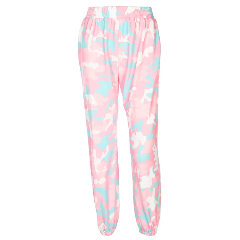 Fashion Pink Camouflage Womens Camo Cargo Sweat Pants High Waist Elastic Trousers Casual Baggy Joggers Long Pants with Pockets