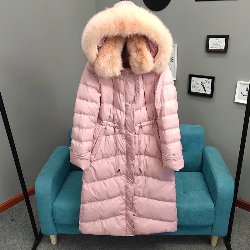 Большой натуральный Лисий меховой воротник теплое пальто с капюшоном Длинные пуховики женские 90% белый пуховик зимняя толстая зимняя верхняя одежда - Цвет: Розовый