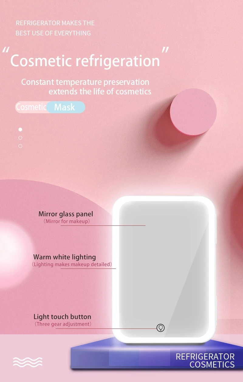 5L Mini Fridge Portable Storage Refrigerator With Led Light Mirror Cooler Home Car Use