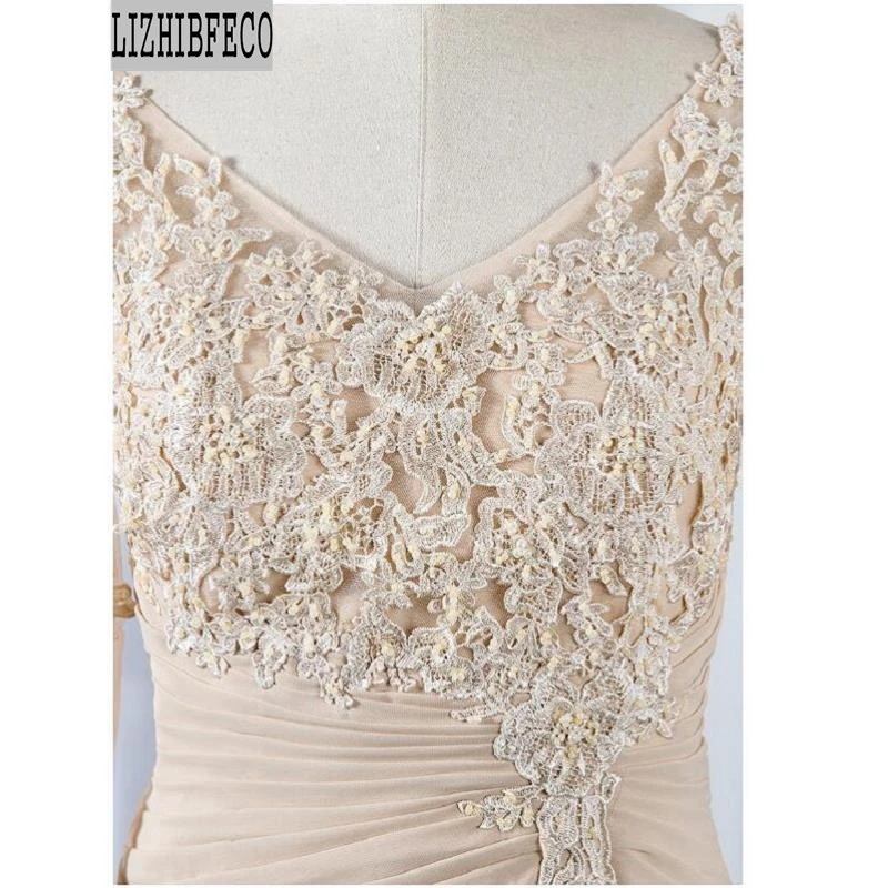 Champagne Chiffon Lace Beading V-Neck Half Sleeves Floor-Length A-line Mother of the bride dress Court Train