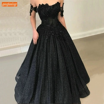 

Delicate Black Long Evening Gowns 2020 Off Shoulder Appliqued Lace Evening Dresses Customized Sexy Gala Formal Dress Women Party