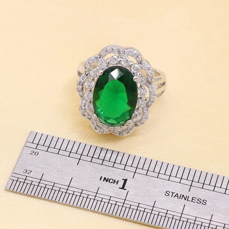 Green Ring Зеленый полудрагоценный женский 925 штампованный Серебряный свадебный ювелирный набор с браслетом ожерелье кулон серьги кольцо подарок на день рождения - Окраска металла: Green Ring