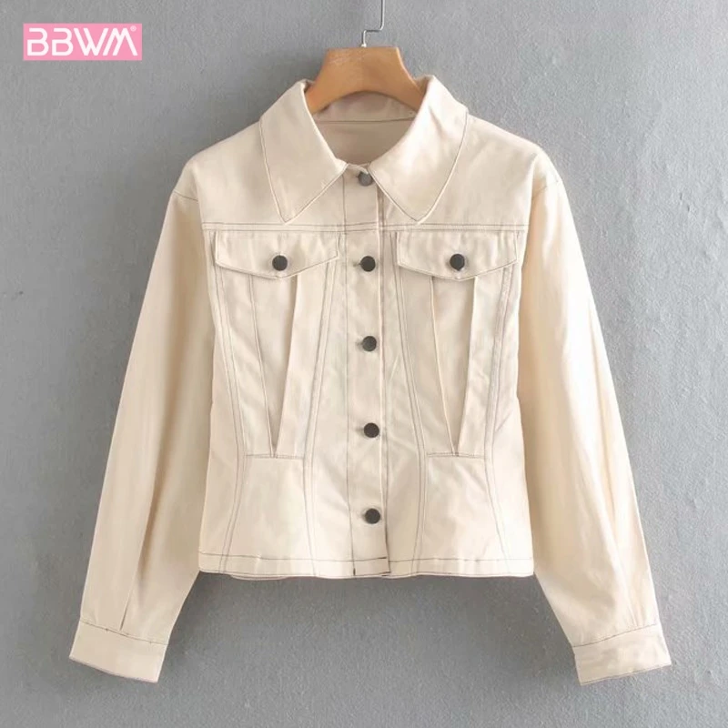 

2019 Autumn New Retro Lapel Long-sleeved Waist Single-breasted Women's Jacket Open Line Tooling Pocket Denim Chic Female Coat