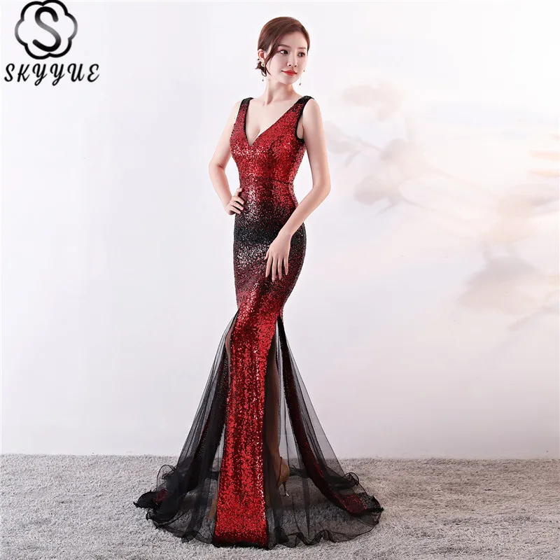 

SkyyueFormal Gowns V-Neck Sequined Mermaid Dress Sleeveless Zipper Floor-Length Robe De Soiree C131 Tank Eveing Dresses