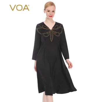 

VOA 19MM Elastic Twill Silk Heart Collar Voile Golden Butterfly Arch Needle Craft Long-Sleeved Dress AE265