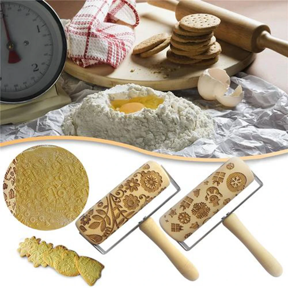 Christmas Dog Deer Wooden Rolling Pin Embossing Baking Cookies Biscuits Fondant Cake Pasta Noodles Patterned Snowflake Roll