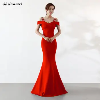 

Off Shoulder Mermaid Evening Party Dresses Women Slash Neck Backless Formal Gowns Red Floor Length Elegant Sexy Robe Femme