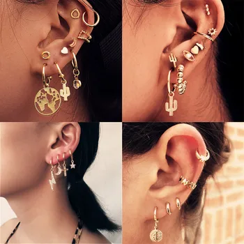 

WUKALO Fashion Gold Dangle Earrings For Woman Trendy Geometric Cross Beads Crystal Pendant Dangle Earrings Set Female Jewelry