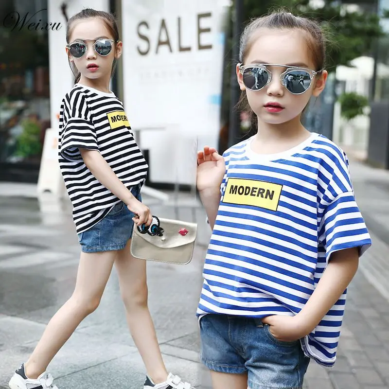 

Weixu, детские футболки для маленьких девочек, одежда, Детские повседневные хлопковые топы в полоску, летняя одежда для девочек, футболки с коротким рукавом, блузки, рубашки