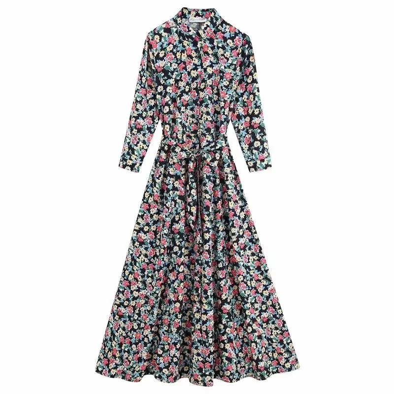 

Women Long Sleeve Spring Fall Long Dresses Vintage Floral Print Maxi Dress A-Line Single Breasted With Belt Shirt Dress