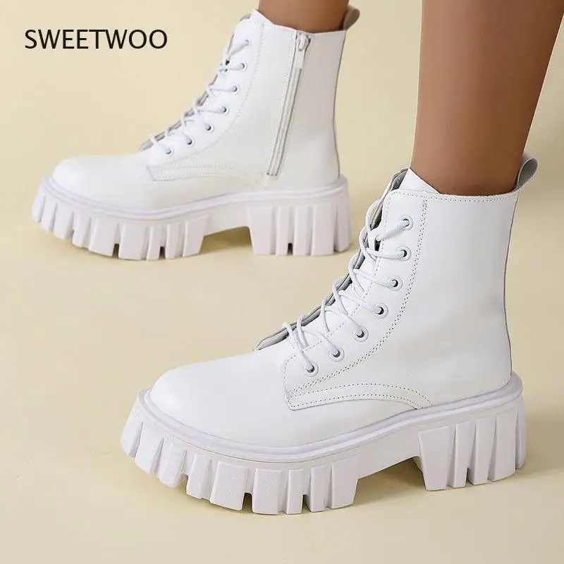2021 new woman ankle boots white PU leather thick sole lace up combat boots female autumn winter platform shoes woman