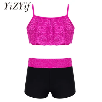 

Kids Girls Tankini Dance Outfit Spaghetti Shoulder Straps Floral Lace Crop Top with Bottoms Set for Ballet Gymnastics Workout