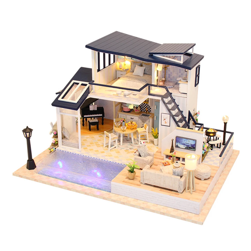

Handmade 3D Model Educational Decoration Miniatures Furniture Doll House Gift Mini Wooden Cabin DIY LED Light Villa