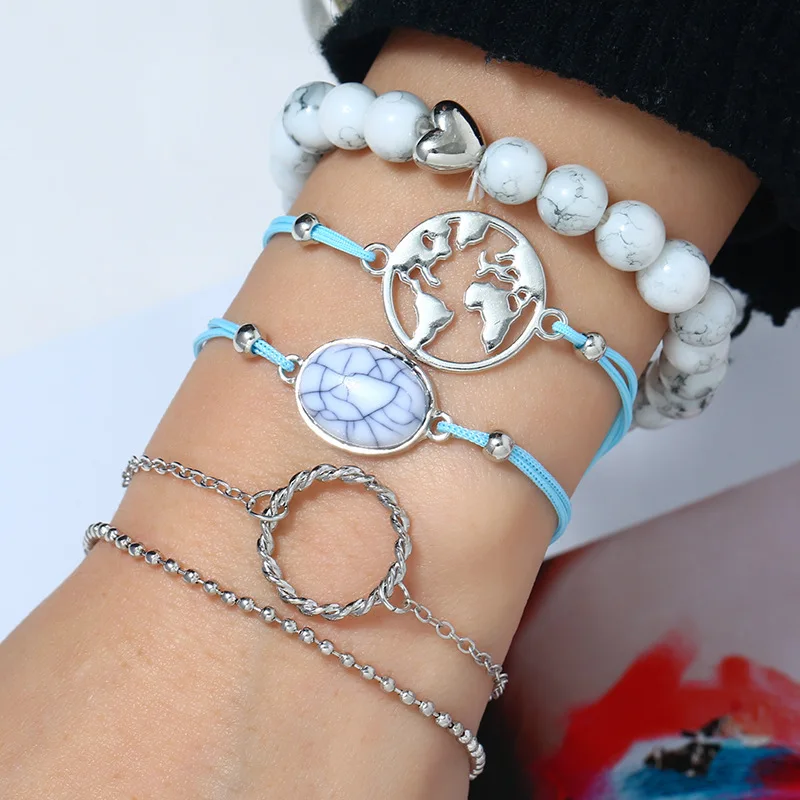 

5 Pcs/ Set Female Retro Map Heart Love Bead Round Gem Leather Chain Silver Bracelet Set Personality Women Jewelry Accessories