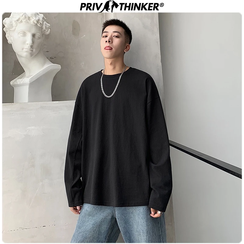 Privathinker, мужская и женская Корейская Осенняя футболка с круглым вырезом, Мужская однотонная Повседневная футболка с длинным рукавом, Мужская разноцветная футболка большого размера
