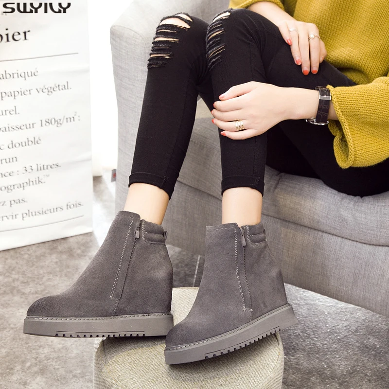 

SWYIVY Genuine Leather Boots Women Fashion Autumn Women 2019 New Flock Zip Ankle Boots For Womens Shoes Wedge Platform Booties