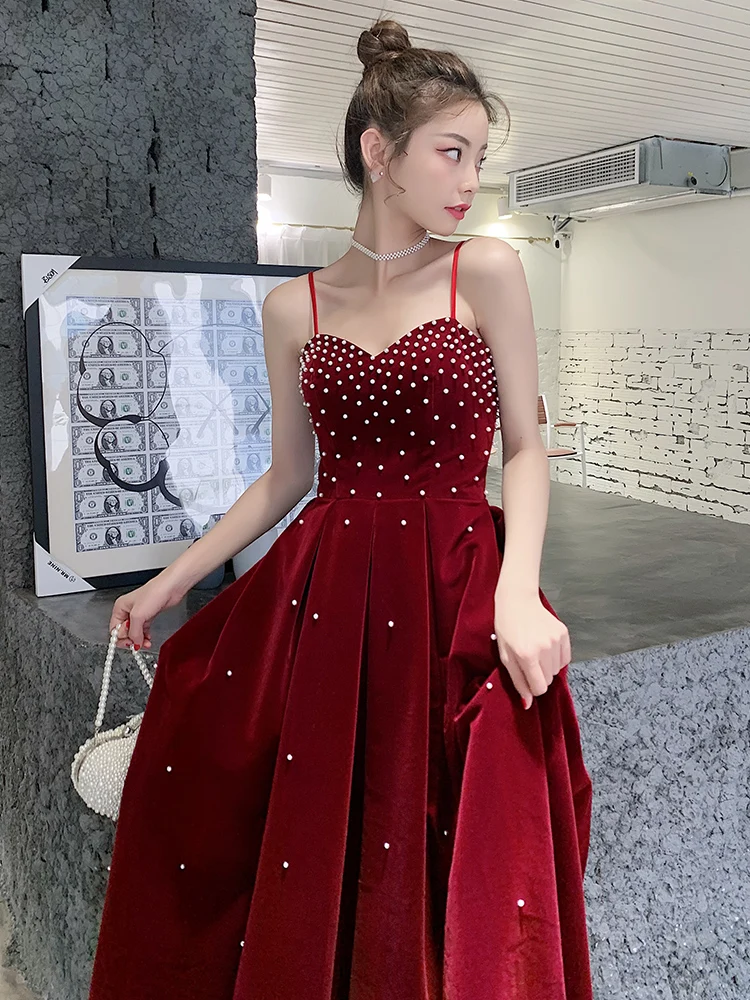 Vestido de terciopelo con cuentas para graduación, elegante vestido de Formal con tirantes finos, longitud hasta el para boda y fiesta - AliExpress Bodas y
