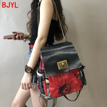 

2020 New Vintage Leather Women Backpack Laptop Bag Travel Backpacks Canvas with Leather Shoulder Bag Female Printed Flowers Soft