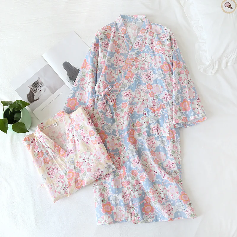 

Japanese kimono spring and summer new style nightgown ladies 100% cotton three-quarter sleeve bathrobe home service women pink