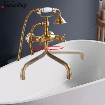 

Antique Brass Telephone Style Bathroom Ceramic Bathtub Shower Faucet Set Wall-Mounted Hot And Cold Water 30CM Rotate Spout