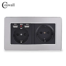 COSWALL бренд двойная Россия Испания настенная розетка стандарта ЕС с 2 USB зарядным портом скрытый мягкий светодиодный индикатор рамка из нержавеющей стали