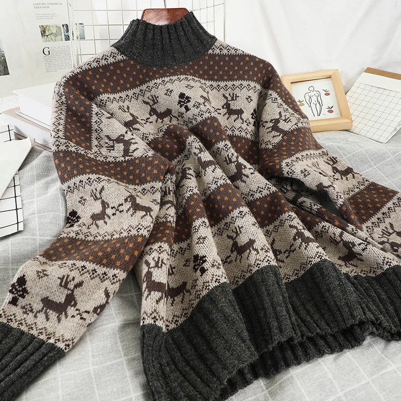 Mooirue зима, женский свитер в Корейском стиле, водолазка, Ретро стиль, принт с оленем, Повседневная Уличная одежда, ленивый Свободный вязаный пуловер, топы