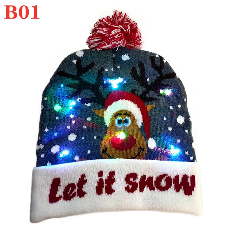 Wholesale New Children LED Christmas Hat With Lights Winter Warm Cartoon Knitted Pompom Beanie Cap For Kids Christmas Decoration