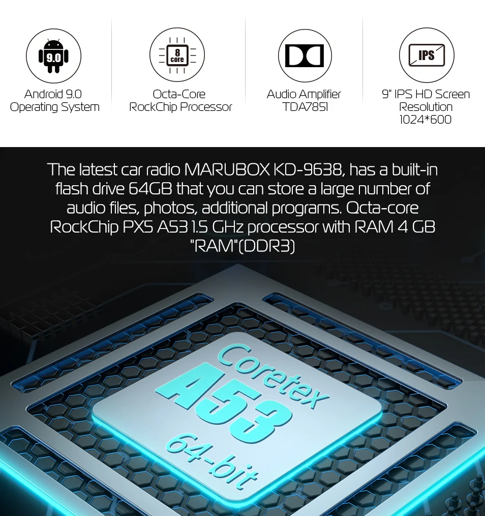 Excellent Marubox KD9638 DSP, 64GB 1 Din Car Multimedia Player for Kia Rio 2017 +, 9" IPS Screen with GPS Navigation, Bluetooth, Android 9 1