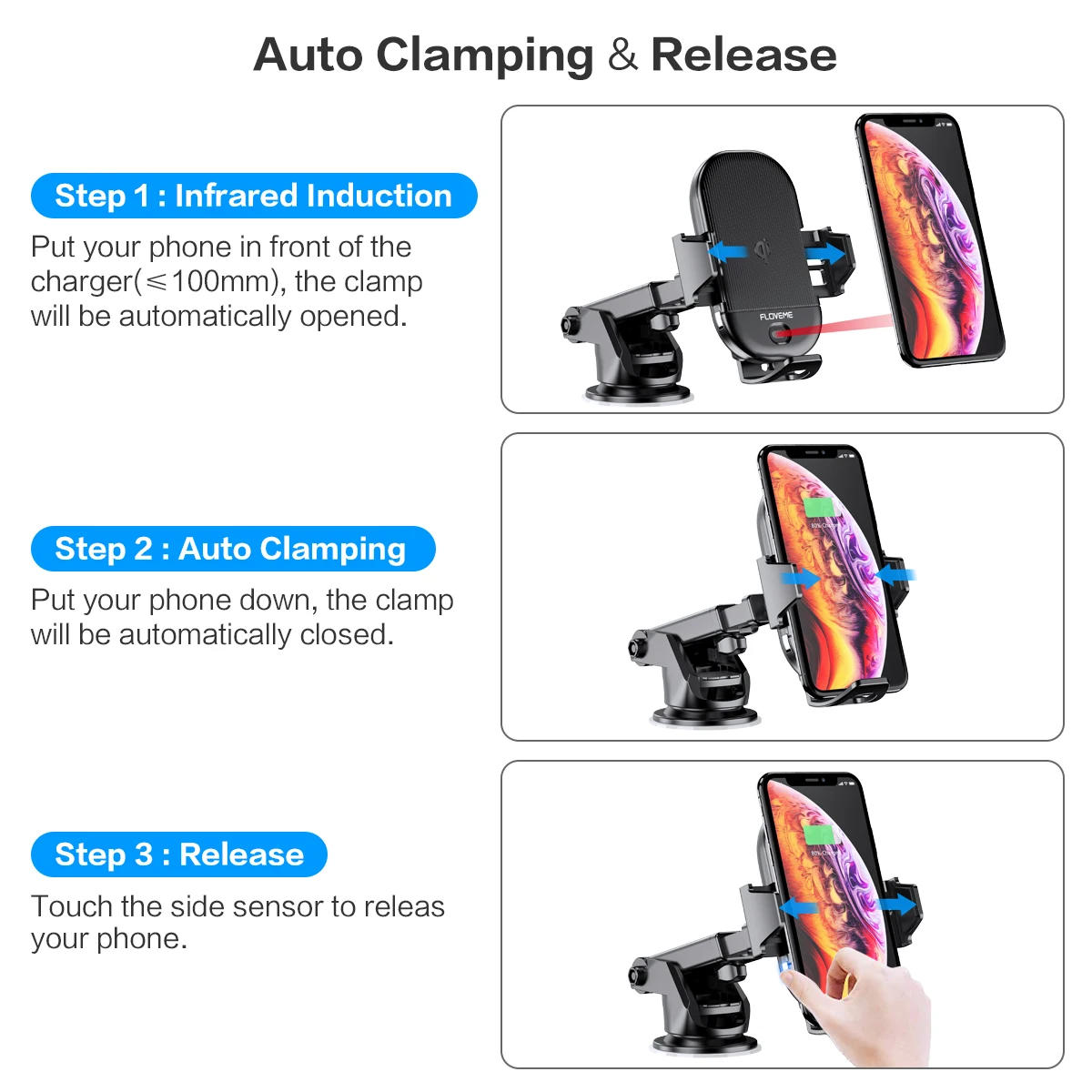FLOVEME автомобильное беспроводное зарядное устройство Qi для iPhone 11 Pro Max Smart sensor 10 Вт быстрая Беспроводная зарядка для samsung S10 автомобильный держатель