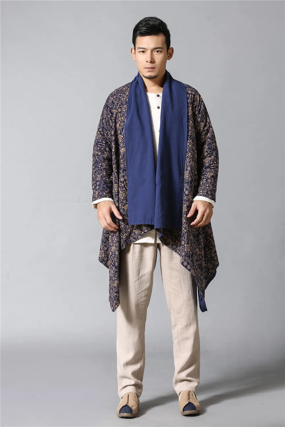 Ma fan bu yi Ethnic-Style Men'S Wear Autumn And Winter Trench Coat Double-sided Wear Floral-Print Mantle Pockets Long Coat