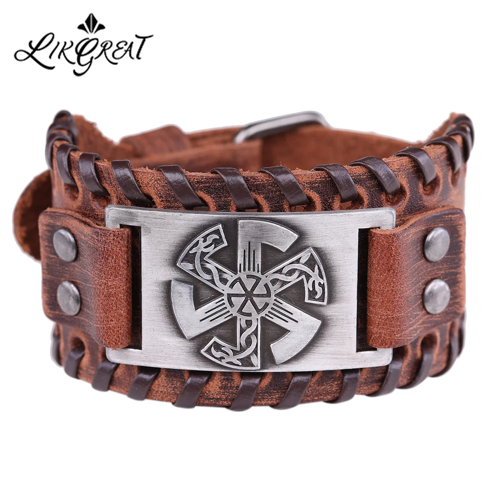 Lemegeton Pagan The Flower Life Egyptian Leather Cuff Bracelet Men Jewelry