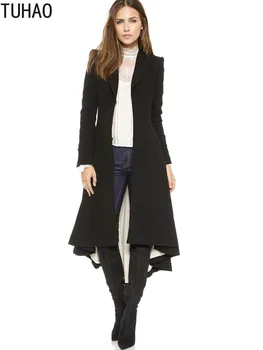 

TUHAO Fall Winter Office Lady Coat Wool Blend Black Dovetail Long Coat Elegant Women Outwear Covered Button Coats LW148