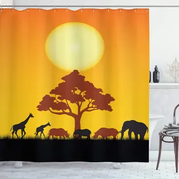 

Safari Shower Curtain Silhouette of Elephants Zebras Grassland and a Tree The Sun Nature Bathroom Decor Set with Hooks 70" Long