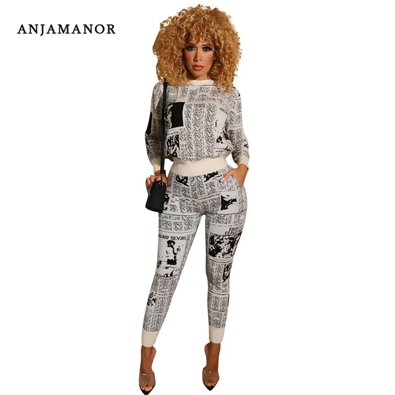 ANJAMANOR Newspaper Print Knit Two Piece Set Top and Pants Sweat Suits Women Tracksuit Fall Winter Outfit Matching Sets D29-AI36