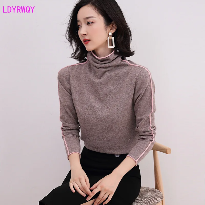 

2019 autumn and winter new Korean women's fashion high collar long-sleeved stitching base wild knit slim slimming sweater