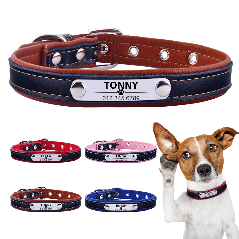 Buy Leather Adjustable Padded Dog Collars ID Name Tag Online