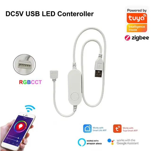 TUYA Zigbee LED Light String Controller Smart 5V 12V 24V RGBW RGBWW RGB+CCT RGB Dimmer Controller Alexa Echo Plus Voice Control RGBCCT USB