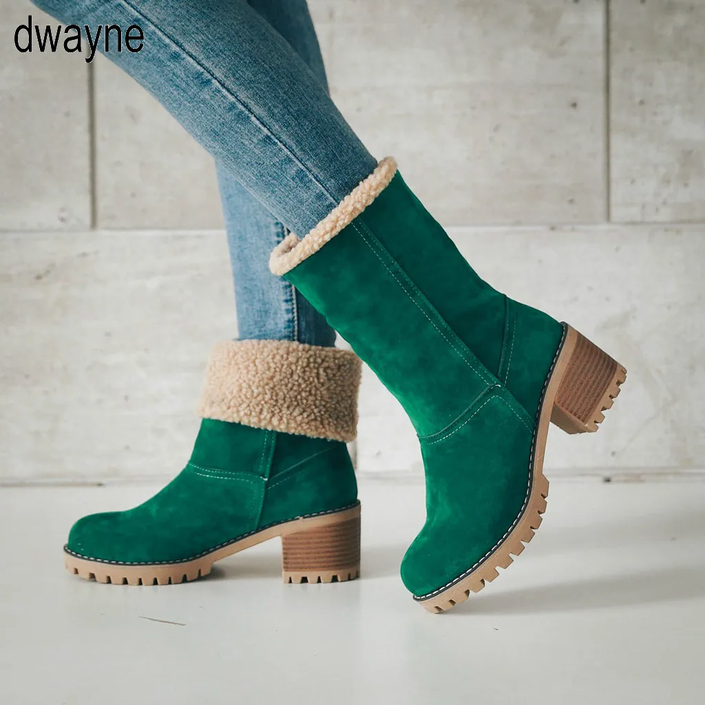 

Women Boots Female Winter Shoes Woman Fur Warm Snow Boots Fashion Square High Heels Ankle Boots Black Green Boots fgb678
