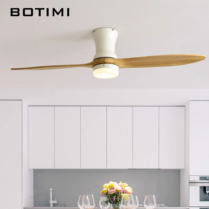BOTIMI скандинавский 220V светодиодный потолочный вентилятор с пультом дистанционного управления для низкого потолка 2 деревянные лопасти потолочный вентилятор лампа Декор Vantilator