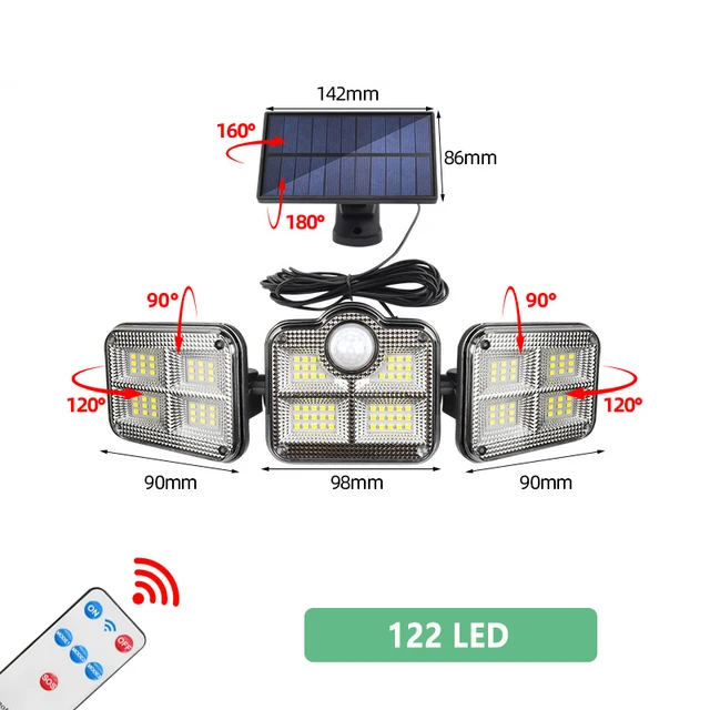 20w Solar Lights 108/122/138 LED Waterproof Outdoor Indoor Solar Lamp With Motion Sensor Adjustable Head Wide Lighting Angle S 122LED