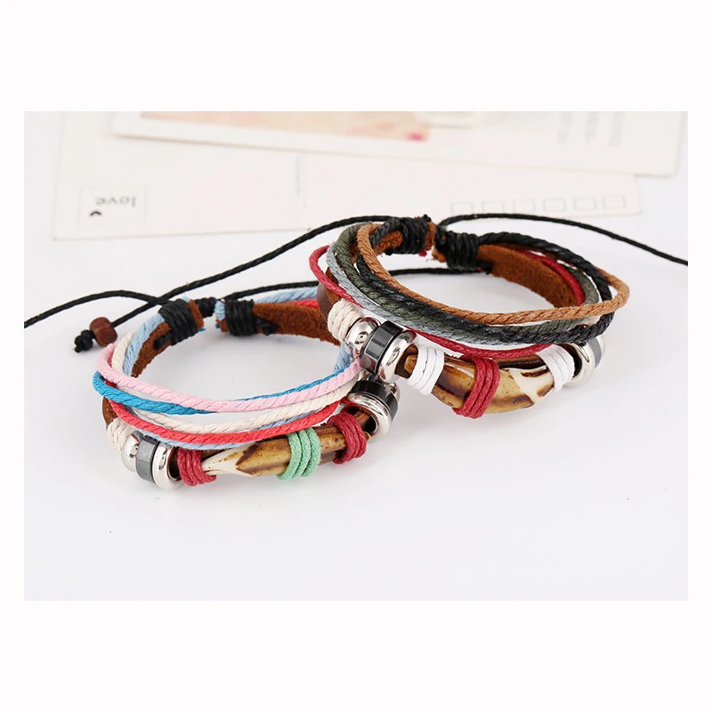 

Fashion Dog Teeth Decorative Adjustable Leather Bracelet Couple Bracelet New Multi-layer Woven Leather Man Bracelet
