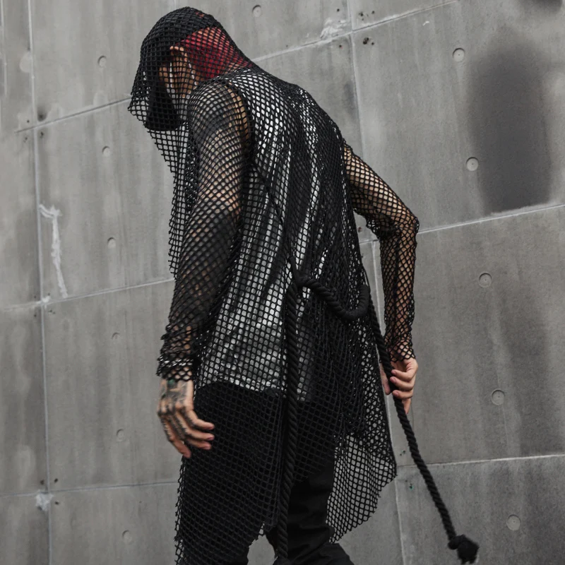 Ночной клуб DJ певица сексуальная сетка хип хоп панк рок футболка длинные топы с поясом веревка Мужская harajuku готический с капюшоном футболки плащ