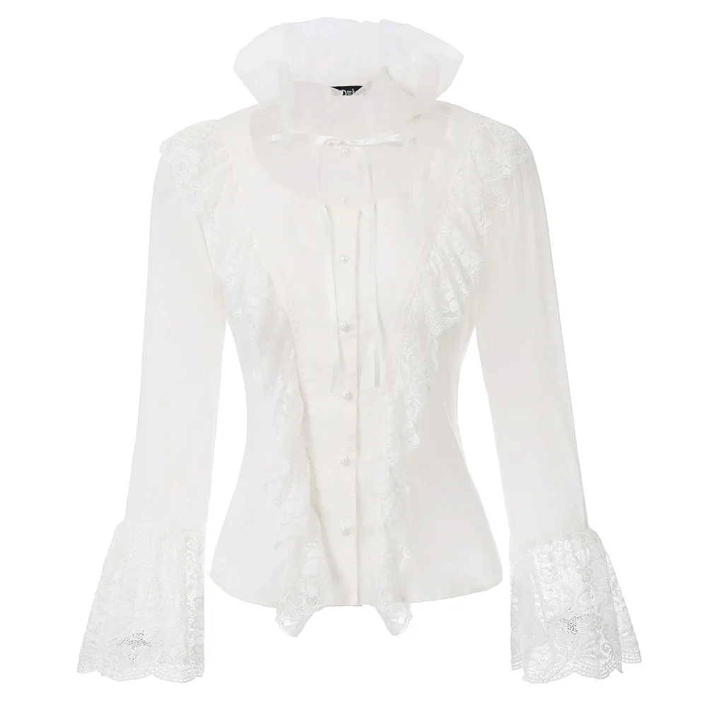 Beste Middeleeuwse shirt Vrouwen Ruches lace Shirt Tops Lange flare Mouw Stand Kraag lace up gothic retro elegante Steampunk blouse lady