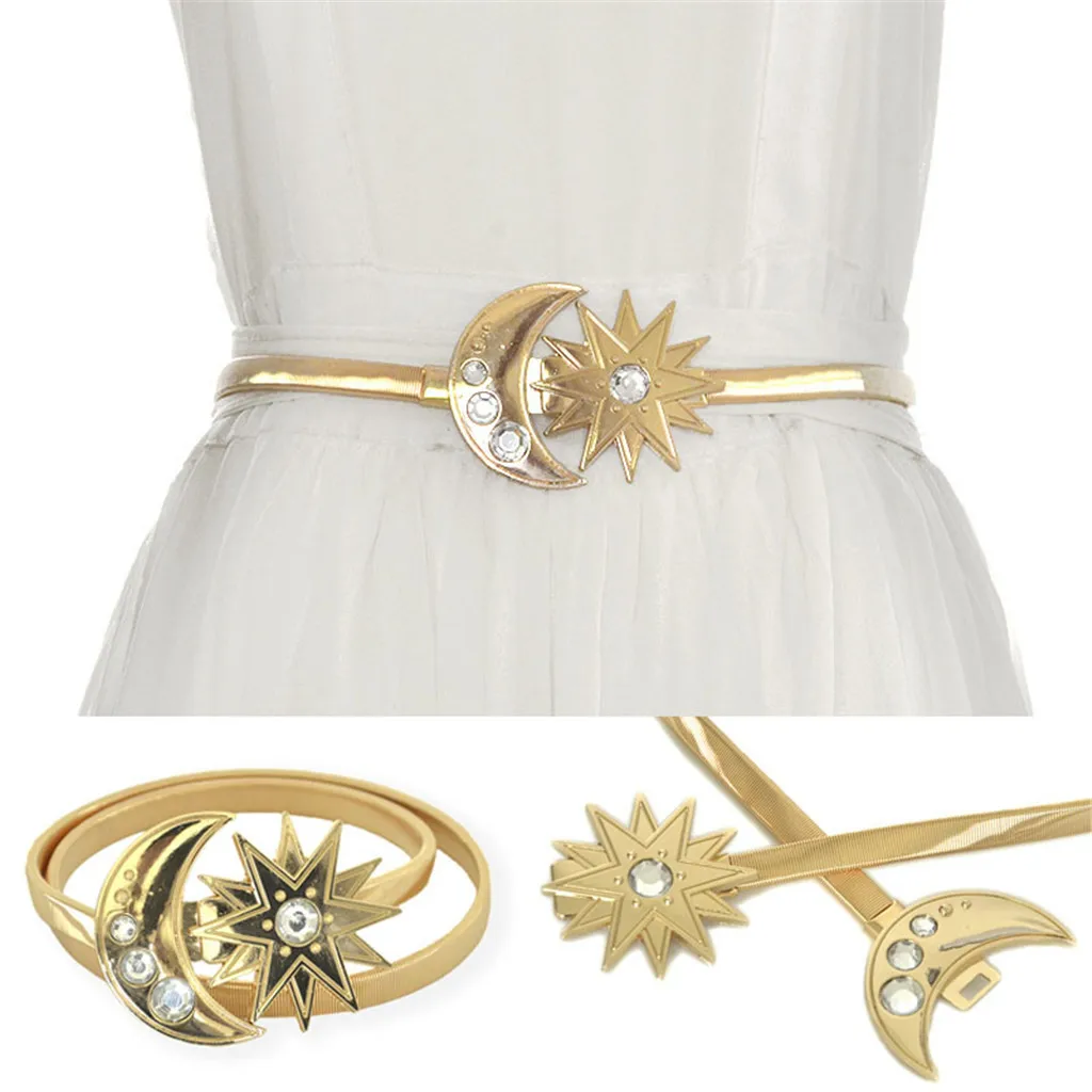 Women Belt Waistband Rhinestone Gold Alloy Moon Star Elastic Chain Belt Dress Decorative Belt pasek damski ceinture femme riem H