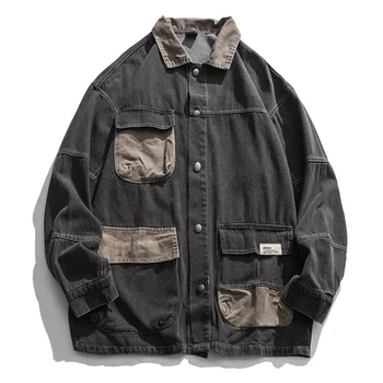 

Black Patchwork denim jackets Streetwear Hip Hop Mens Vintage Punk Rock Male Button Multi-pocket Oversize Jacket Tops