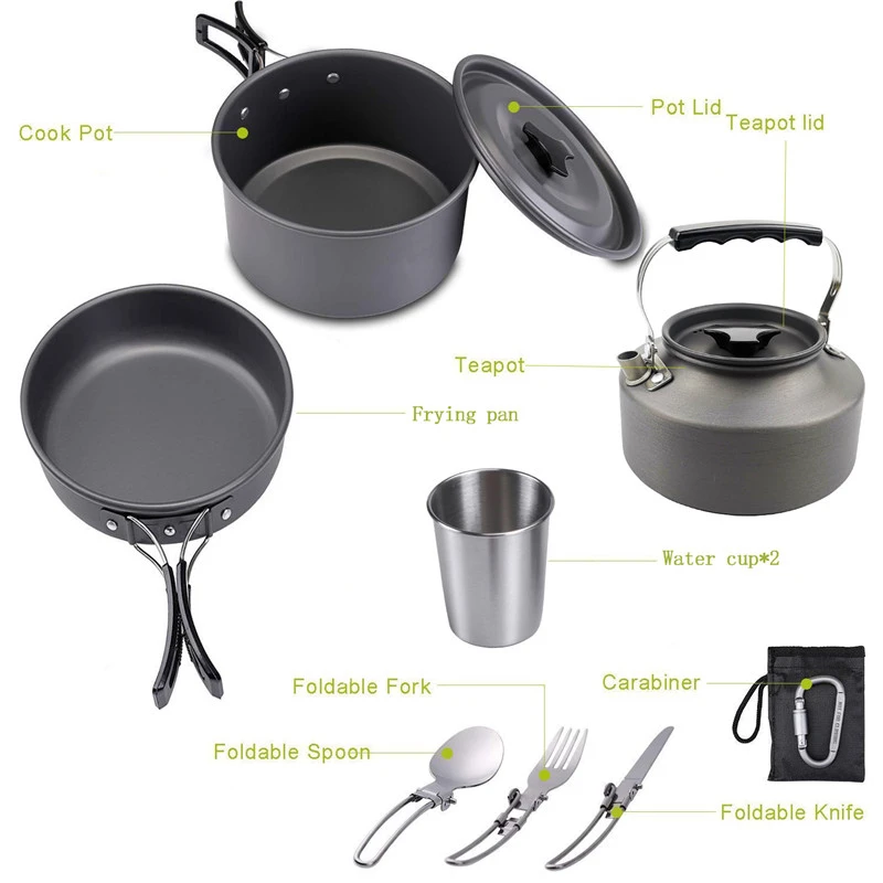 XC Camping Pots Pans Kettle Outdoor Camping Cookware Hiking Tableware Picnic Cooking Set with Spoon Fork Knife Kettle Cup