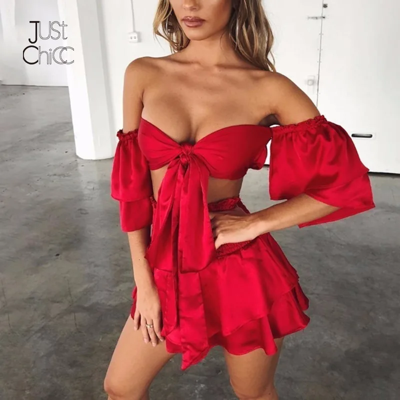 Justchicc летнее платье с открытыми плечами для женщин, красное, черное, половина рукава, открытая спина, сексуальное платье, топ-труба, завязывается, мини Vestidos